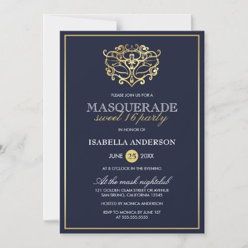 Elegant Navy Blue  Gold Masquerade Sweet 16 Party Magnetic Invitation