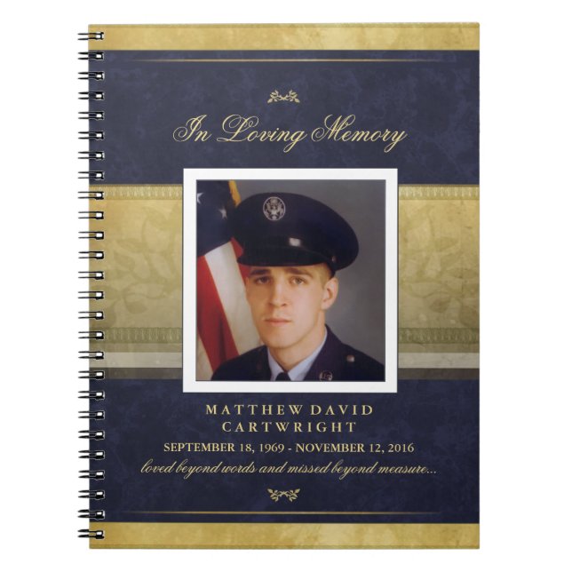 Elegant Navy Blue & Gold Memorial Guest Book (Front)