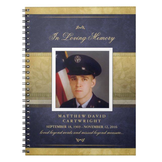 Elegant Navy Blue & Gold Memorial Guest Book (Front)