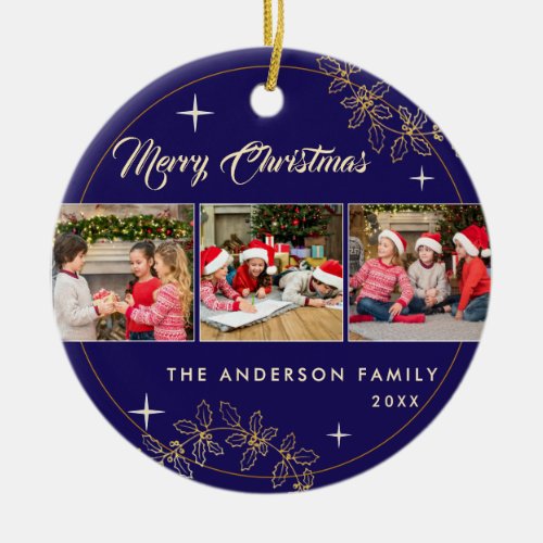 Elegant Navy Blue Gold Merry Christmas 3 Photo Ceramic Ornament