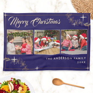 Elegant Navy Blue Gold Merry Christmas 3 Photo Kitchen Towel
