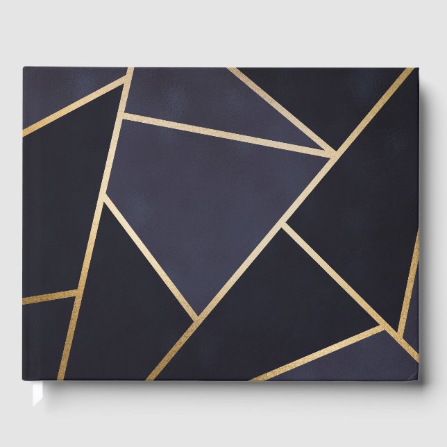 Elegant Navy Blue Gold Metallic Geometric Pattern Guest Book (Front)