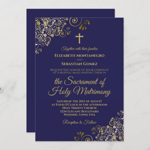 Elegant Navy Blue  Gold Modern Catholic Wedding Invitation