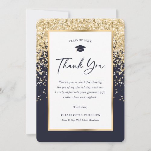 Elegant Navy Blue Gold Modern Graduation Photo Thank You Card