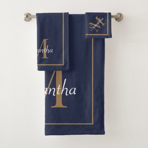 Elegant Navy Blue Gold Modern Monogram Bath Towel Set