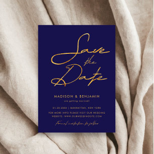 Elegant Navy Blue Gold Modern Typography Wedding Save The Date