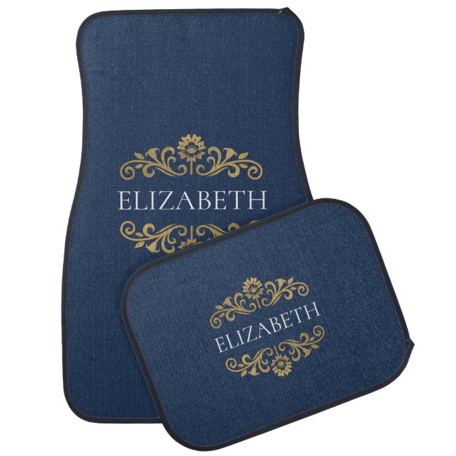 Elegant Navy Blue Gold Monogram Car Floor Mats (Set)
