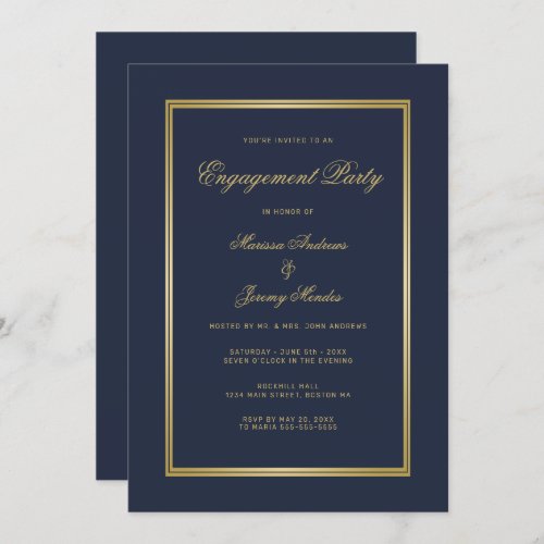 Elegant Navy Blue Gold Monogram Engagement Party Invitation