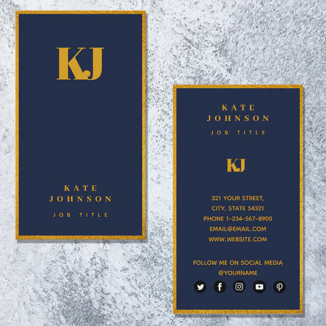 Elegant Navy Blue Gold Monogram Initials Business Card | Zazzle
