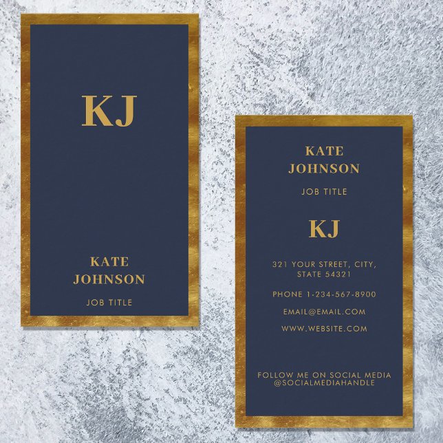Elegant Navy Blue Gold Monogram Initials  Business Card (Creator Uploaded)