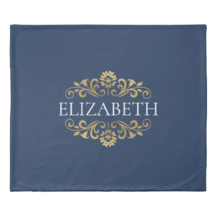 Elegant Navy Blue Gold Monogram Name Duvet Cover