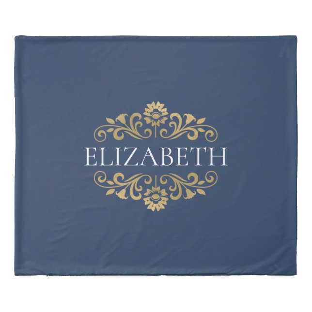 Elegant Navy Blue Gold Monogram Name Duvet Cover (Back)