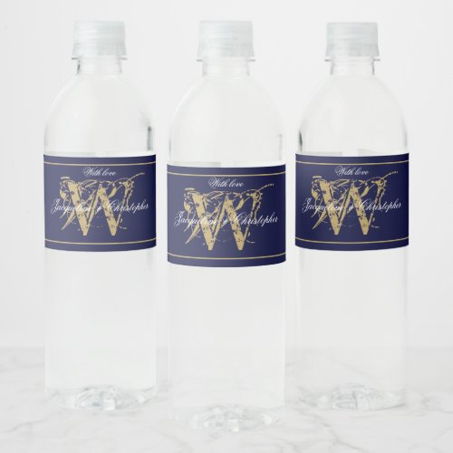 Elegant Navy Blue Gold Monogram Names Chic Wedding Water Bottle Label