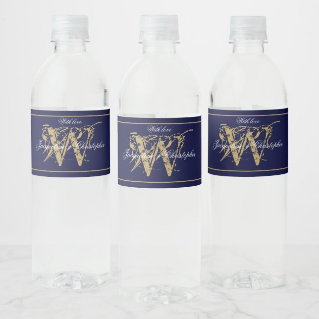 Elegant Navy Blue Gold Monogram Names Chic Wedding Water Bottle Label (Bottles)