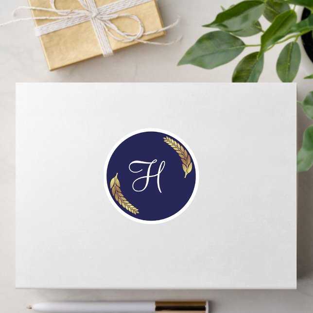 Elegant Navy Blue & Gold Monogram (Personalize) Classic Round Sticker (Creator Uploaded)