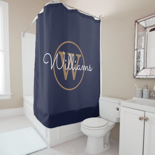 Elegant Navy Blue Gold Monogram Script Name Shower Curtain