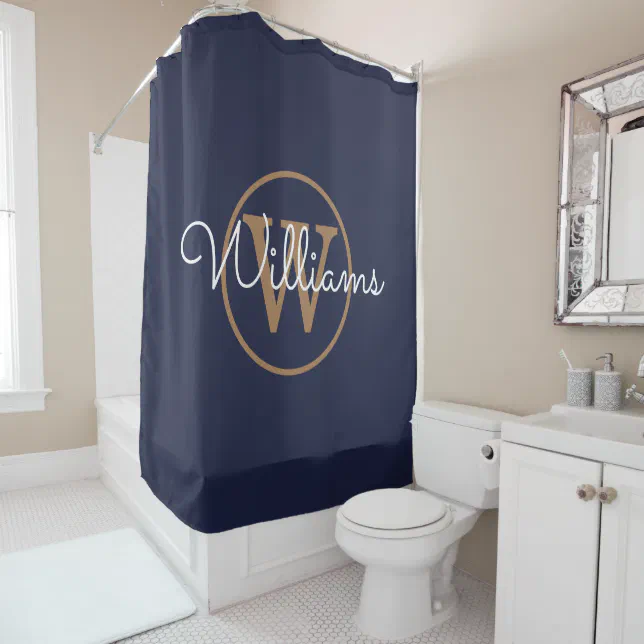 Elegant Navy Blue Gold Monogram Script Name Shower Curtain | Zazzle