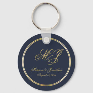 Elegant Navy Blue Gold Monogram Script Wedding Keychain