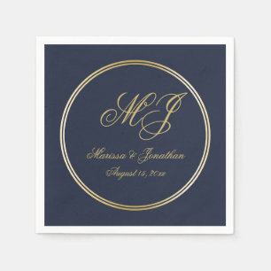 Elegant Navy Blue Gold Monogram Script Wedding Napkins