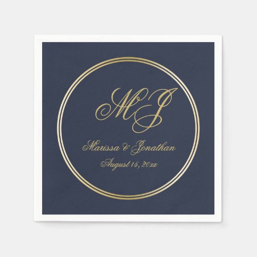 Elegant Navy Blue Gold Monogram Script Wedding Napkins