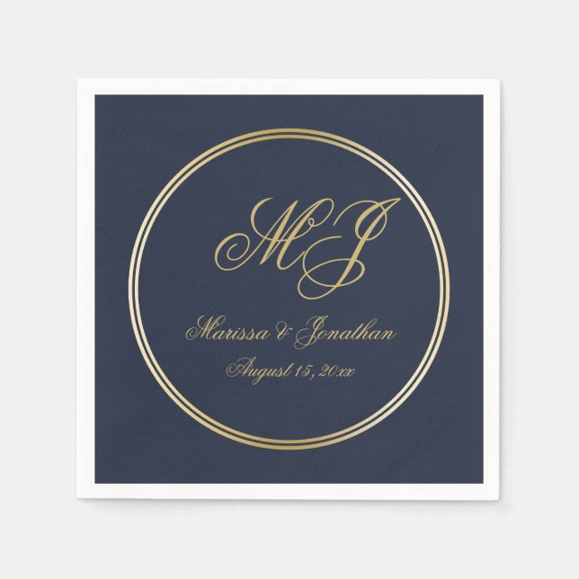 Elegant Navy Blue Gold Monogram Script Wedding Napkins (Front)