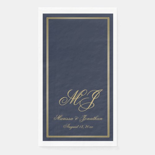 Elegant Navy Blue Gold Monogram Script Wedding Paper Guest Towels