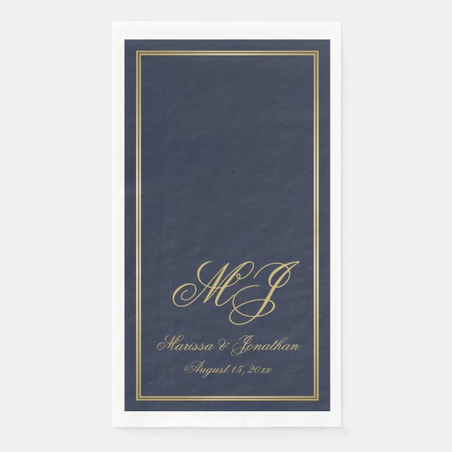 Elegant Navy Blue Gold Monogram Script Wedding Paper Guest Towels (Front)