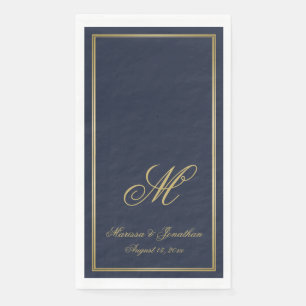 Elegant Navy Blue Gold Monogram Script Wedding Paper Guest Towels