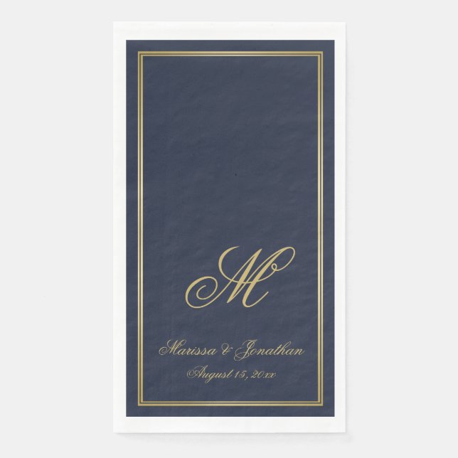 Elegant Navy Blue Gold Monogram Script Wedding Paper Guest Towels (Front)
