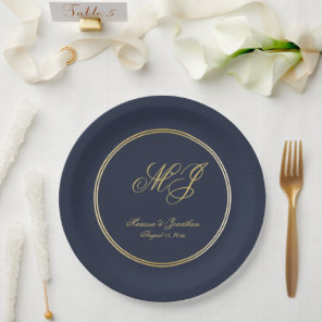 Elegant Navy Blue Gold Monogram Script Wedding Paper Plates