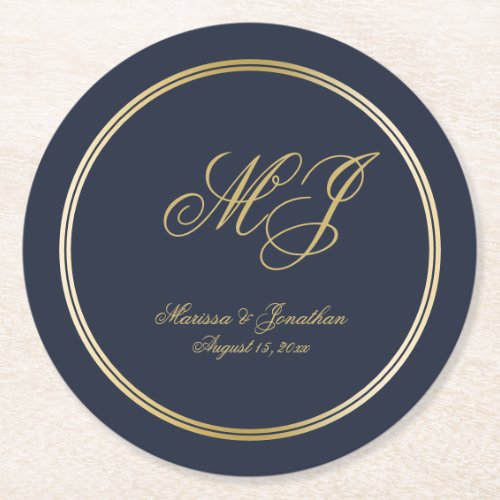 Elegant Navy Blue Gold Monogram Script Wedding Round Paper Coaster