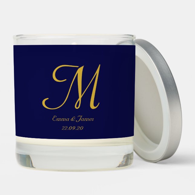 Elegant Navy Blue Gold Monogram Wedding Ceremony  Scented Candle (Lid)
