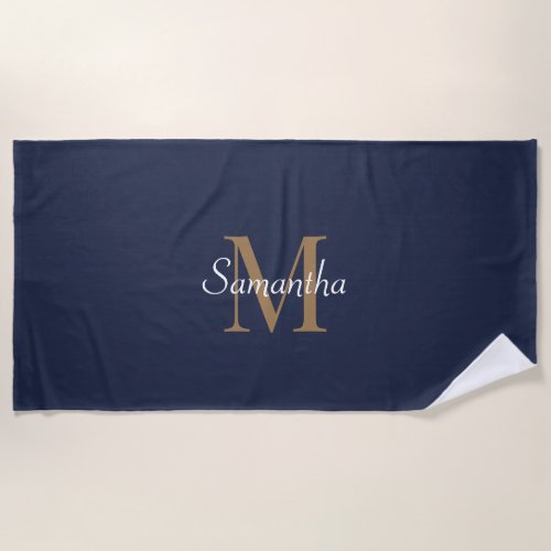 Elegant Navy Blue Gold Monogrammed Beach Towel