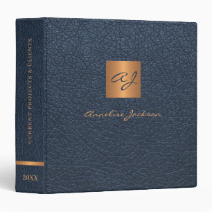 Elegant navy blue gold monogrammed leather classy 3 ring binder