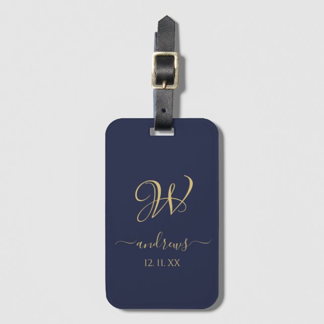Elegant navy blue gold monogrammed Luggage Tag (Front Vertical)