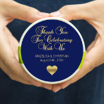 Elegant Navy Blue Gold Nautical Thank you Wedding Classic Round Sticker<br><div class="desc">Elegant and unique thank you wedding stickers / labels with gold accent.  Thank you for celebrating with us message with little faux gold heart. (Background color can be changed to any color to match your wedding scheme). Perfect for nautical theme. Contact designer for other options.</div>