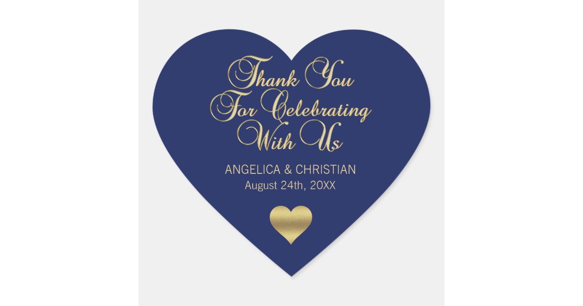 Elegant Navy Blue Gold Nautical Thank you Wedding Heart Sticker | Zazzle