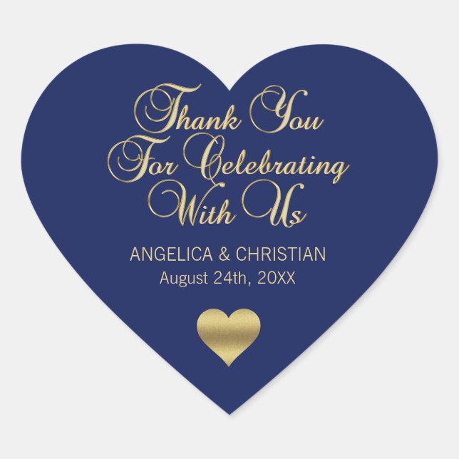 Elegant Navy Blue Gold Nautical Thank you Wedding Heart Sticker (Front)