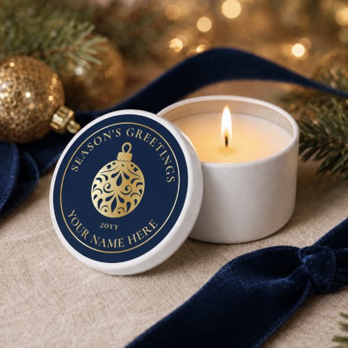 Elegant Navy Blue Gold Ornament Season’s Greetings Mini Candle Favors