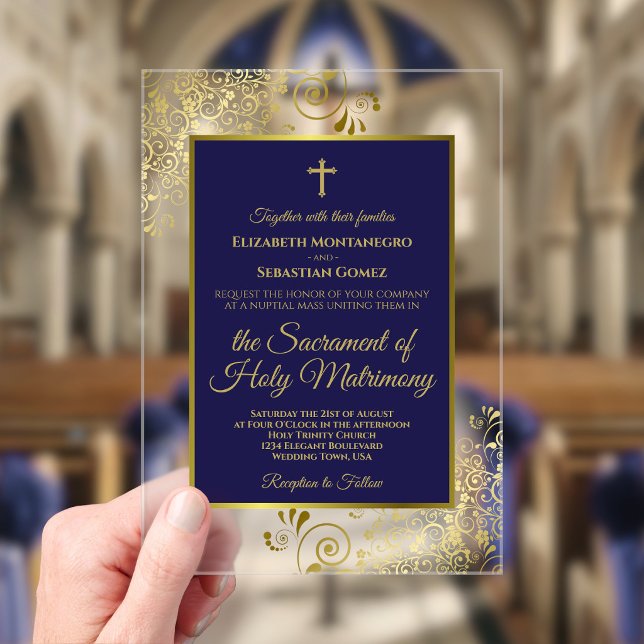 Elegant Navy Blue & Gold Ornate Catholic Wedding Acrylic Invitations (Clear Acrylic with Rectangle Cut)