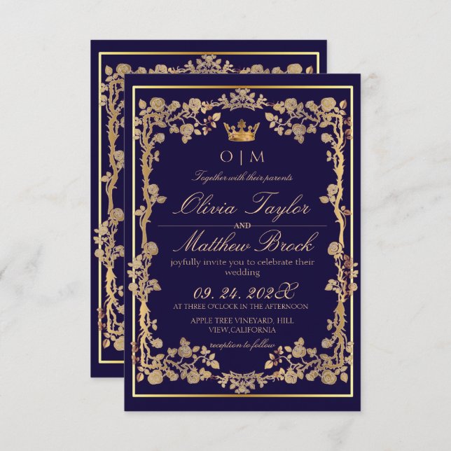 Elegant Navy Blue & Gold Ornate Frame Wedding  Invitation (Front/Back)