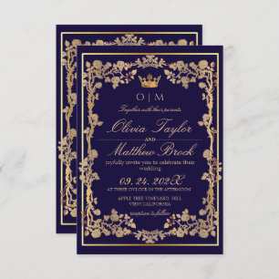 Elegant Navy Blue & Gold Ornate Frame Wedding Invitation