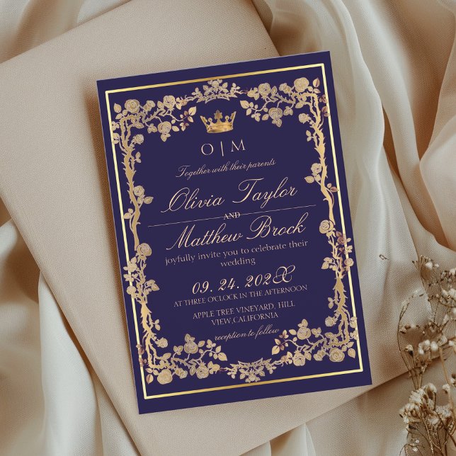 Elegant Navy Blue & Gold Ornate Frame Wedding  Invitation (Creator Uploaded)