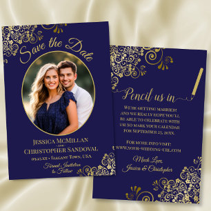 Elegant Navy Blue & Gold Oval Photo Fancy Wedding Save The Date