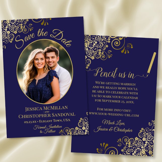 Elegant Navy Blue & Gold Oval Photo Fancy Wedding Save The Date (Front/Back)