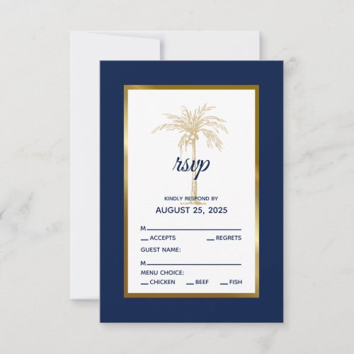 Elegant Navy Blue Gold Palm Tree Beach Wedding RSVP Card