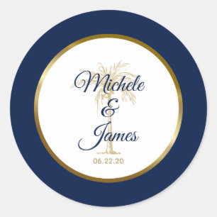 Elegant Navy Blue Gold Palm Tree Modern Wedding Classic Round Sticker