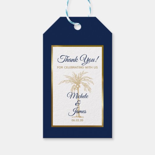 Elegant Navy Blue Gold Palm Tree Modern Wedding Gift Tags