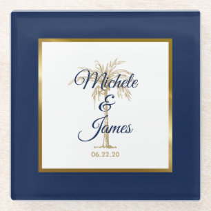 Elegant Navy Blue Gold Palm Tree Modern Wedding Glass Coaster
