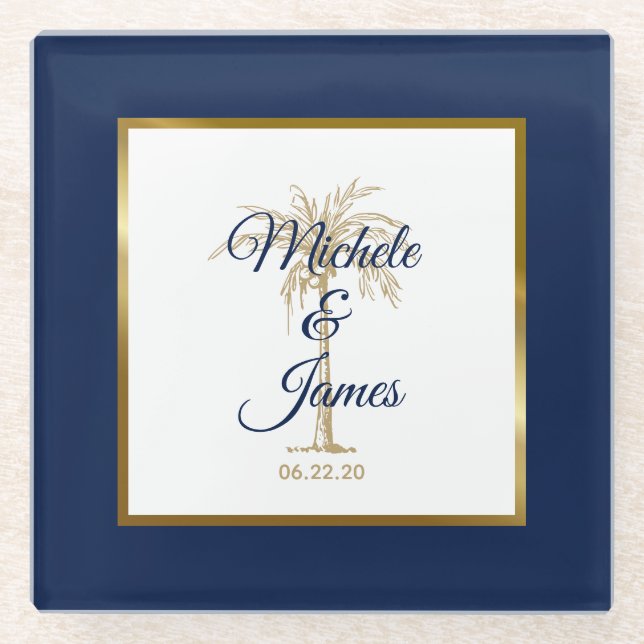 Elegant Navy Blue Gold Palm Tree Modern Wedding Glass Coaster (Front)